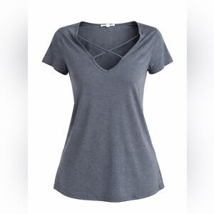 lovestitch Crisscross V-Neck Short Sleeve Top - Gray